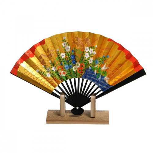 Sensu Japanese folding fan Akikusa gold w/stand from Kyoto Made in Japan