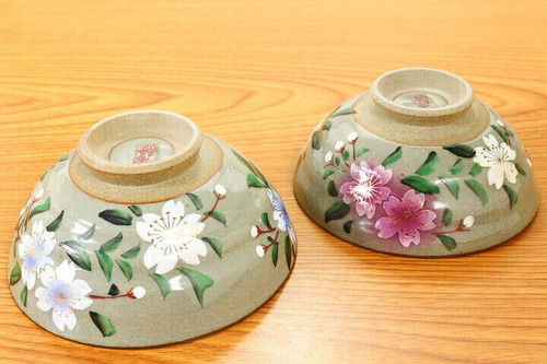 Pair Gohan Chawan Kutani yaki Japanese Rice bowl Handpaint Cherry blossom Japan
