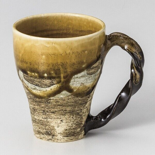 Mino ware Japanese pottery Mug Coffee Tea cupYamabuki glaze Nejiri handle Japan