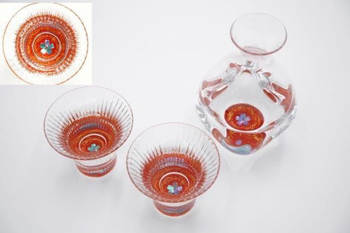 Japanese Sake bottle glass set Takaoka lacquerware Mother of pearl Gold CherryRD