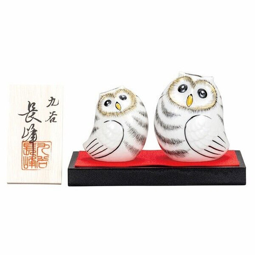 Pair Fukuro Kutani yaki porcelain Japanese Owl Ornaments White glaze Japan