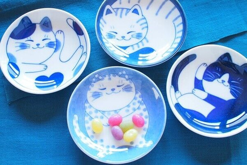 Mino Ware Japanese Small Plate Set Ceramic Cute Cats 3.94 x 0.8 Inches, Set of 4