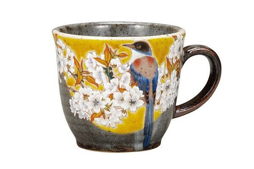 Kutani yaki ware Japanese Mug Coffee Tea Cup Yoshida-ya Yellow Cherry Bird