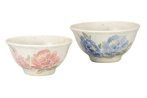 Kutani yaki ware Japanese Rice bowl set of 2 GohanPink Blue Flower Shiho Aizawa