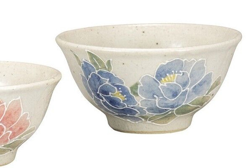 Kutani yaki ware Japanese Rice bowl set of 2 GohanPink Blue Flower Shiho Aizawa