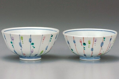 Kutani yaki ware Japanese Rice bowl set of 2 GohanIrodori Tokusa Stripe Japan