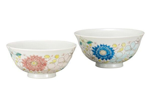 Kutani yaki ware Japanese Rice bowl set of 2 GohanHana hana Flower Blue Pink