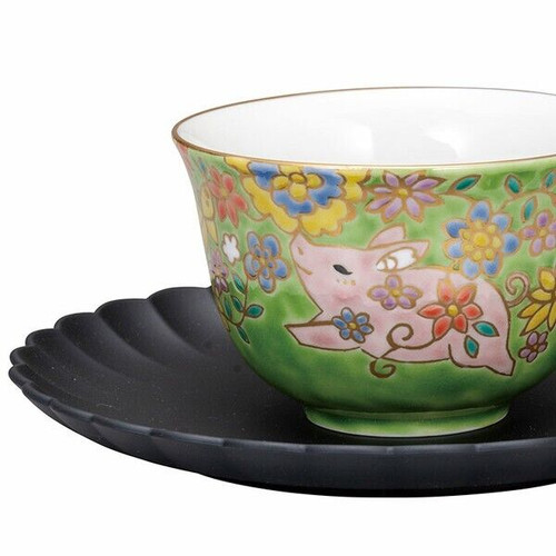 Kutani ware Japanese Cofee Tea cup Saucer Yamankalacquer ware Piglet green Japan