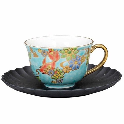 Kutani ware Japanese Cofee Tea cup Saucer Yamankalacquer ware Goldfish Blue
