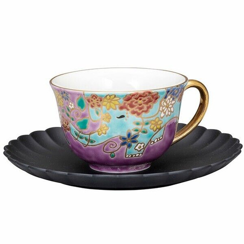Kutani ware Japanese Cofee Tea cup Saucer Yamankalacquer ware Elephant Purple