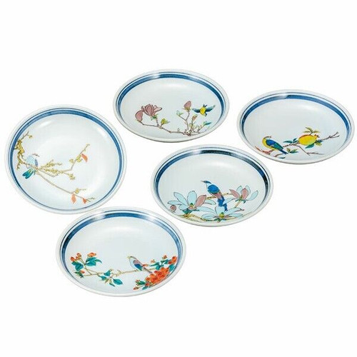 Kutani yaki ware Japanese Small Sauce plate set of 5 Flower and Bird Jidai-e