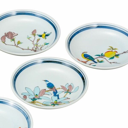 Kutani yaki ware Japanese Small Sauce plate set of 5 Flower and Bird Jidai-e