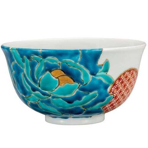 Kutani ware Japanese ceramic rice bowl Donburi Chawan Blue Camellia Tsuyoshi