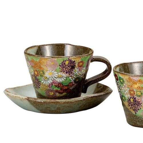 Kutani yaki ware Japanese potter Coffee cup and saucer set of 2 HanatsumeFlower