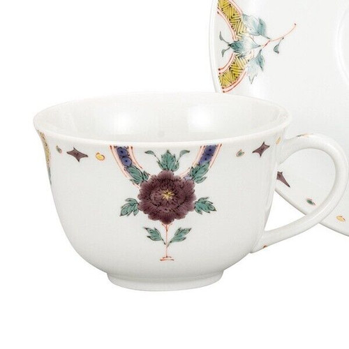 Kutani yaki ware Japanese Coffee Tea cup and saucer Peony Pattern Ginsen Kiln