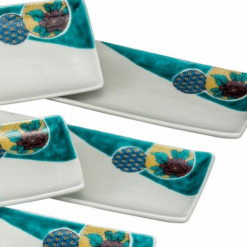 Kutani yaki ware Japanese long Plate Dish set of 5 Green Marumon 12.59in Japan