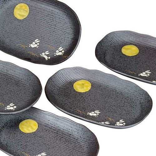 Kutani yaki ware Japanese Oval Plate Dish set of 5Moon Rabbit Tsuki Usagi Japan