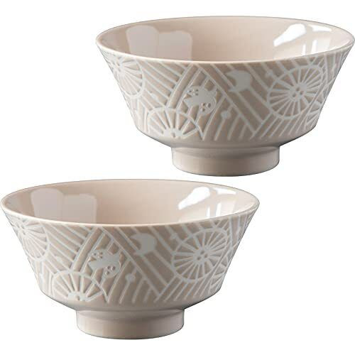 Mino ware KAFU dish Flower Bird Water repellentRice bowl Gohan Greige set of 2
