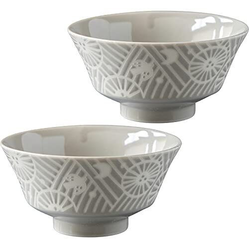 Mino ware KAFU dish Flower Bird Water repellentRice bowl Gohan Palegray set of 2