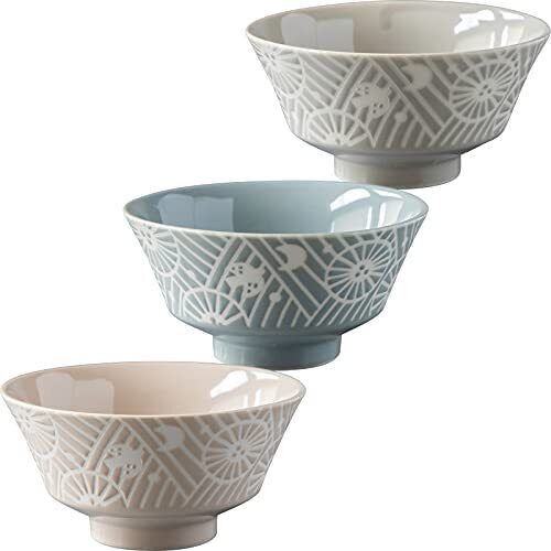 Mino ware KAFU dish Flower Bird Water repellentRice bowl Gohan 3color set of 3