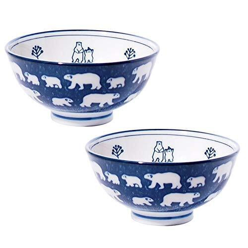 Pair Mino ware pottery White bear Polar Bear Rice bowl Gohan chawan Navy