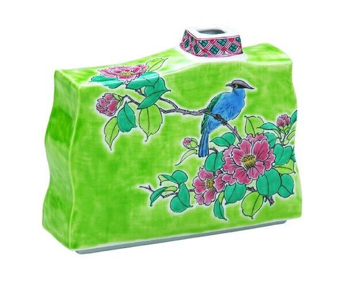 Kutani ware porcelain Japanese flower pot Yoshida-ya Sazanka flower Bird Japan