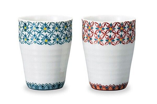 Pair Kutani yaki ware Japanese Beer Sake Water cup Tumbler Flowert pattern Japan