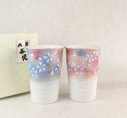 Pair Kutani yaki ware Japanese Beer Sake Water cup Tumbler Sakura Hana no Mai
