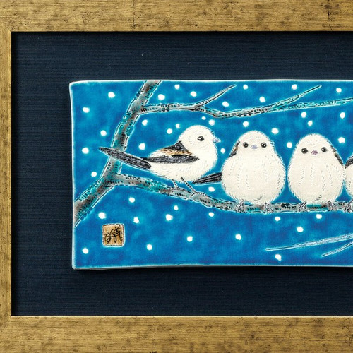 Kutani ware JapanWall Art  Carved and Glazed Long-tailed Tit by Yoshihiro