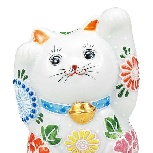Maneki neko Kutani ware Japanese Lucky cat Double-Pawed Flower Garden 4.7in