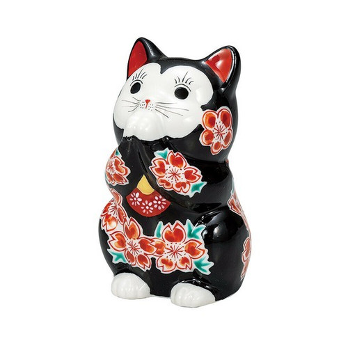Maneki neko Kutani ware Japanese Lucky cat Praying Cat Black glaze Cherry sakura