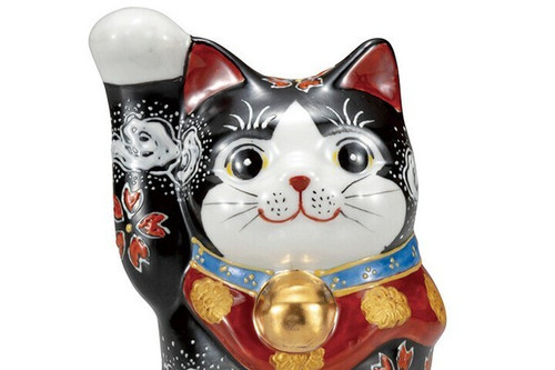 Maneki neko Kutani ware Japanese Lucky cat Golden Mt. Fuji Japan Black glaze 5.7