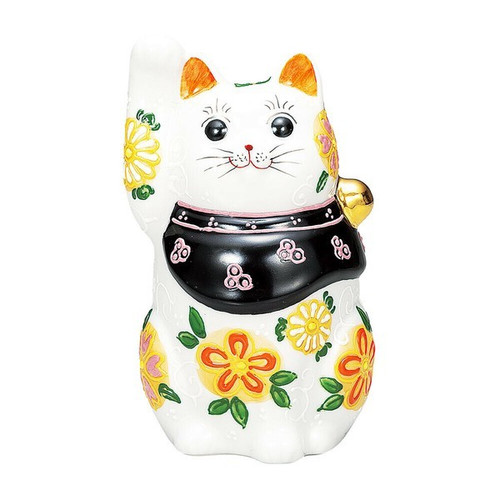 Maneki neko Kutani ware Japanese Lucky cat Hana-Hanal Floral 5.5 in Japan White
