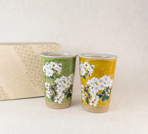 Pair Kutani yaki ware Japanese Ceramic Tumbler Beer Sake cup Sakura Cherry