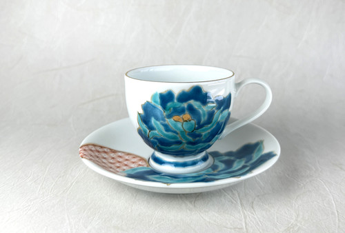 Kutani yaki ware Japanese Coffee Cup and Saucer Blue peony Sato Tsuyoshi