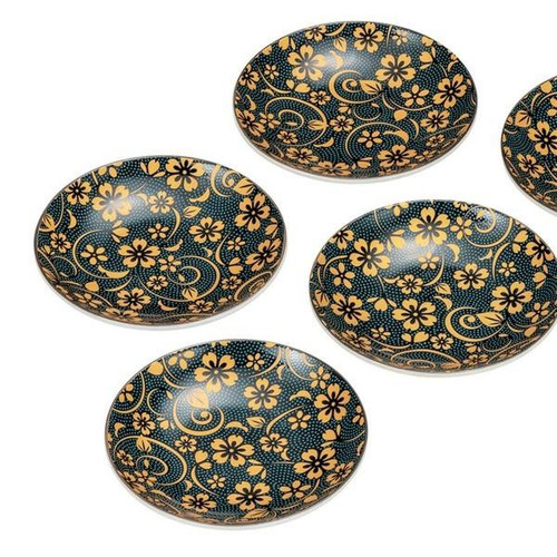 Kutani yaki ware Japanese Small Plate Dish set of 5Aochibu Blue dot 4in