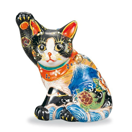 Maneki neko Kutani ware Japanese Lucky cat Brack Flower butterfly turtle crane