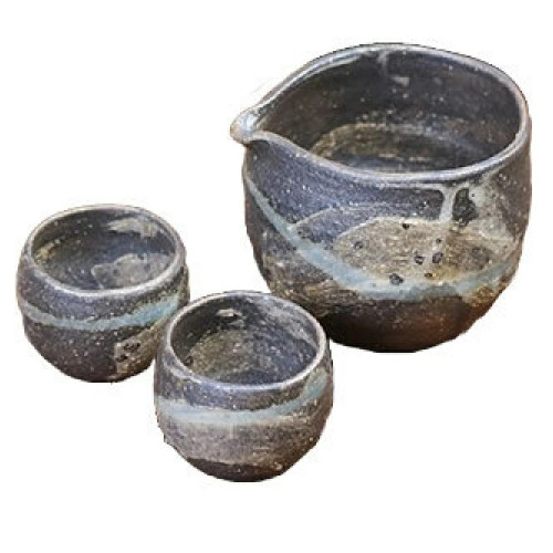 Guinomi Tokkuri Shigaraki Japanese Sake cup pot set of 3Makigumo Made in Japan