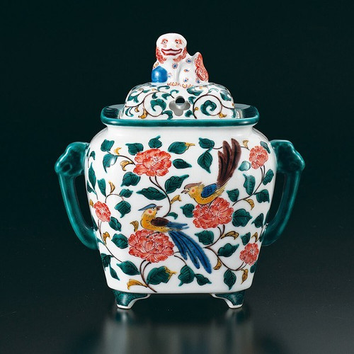 Kutani ware Porcelain Incense Burner Colorful Birds & FlowersTamekichi Mitsui
