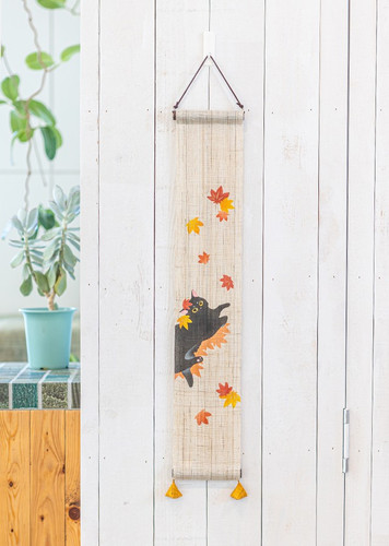 Kyoto Tapestry Wall Hanging Small Handpainted Cat Playing with Autumn Leaves