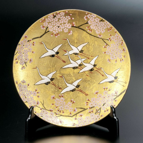 Kutani ware JapanPlate Gold Leaf with Crane Design by Takashi Kitamura