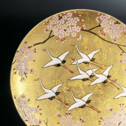 Kutani ware JapanPlate Gold Leaf with Crane Design by Takashi Kitamura