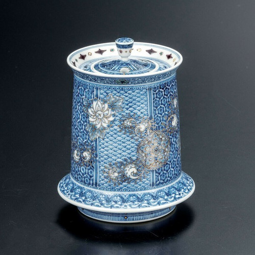 Kutani ware Japan Miura Terutada Incense Burner Blue Gold Fantasy Flower Design