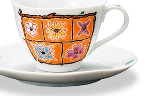 Cofee Tea cup and saucer Kutani ware Flower box series Iwata Reiko Orange Japan
