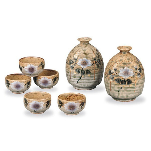 Kutani ware Japanese Sake bottle and cup setTessen clematis design Japan