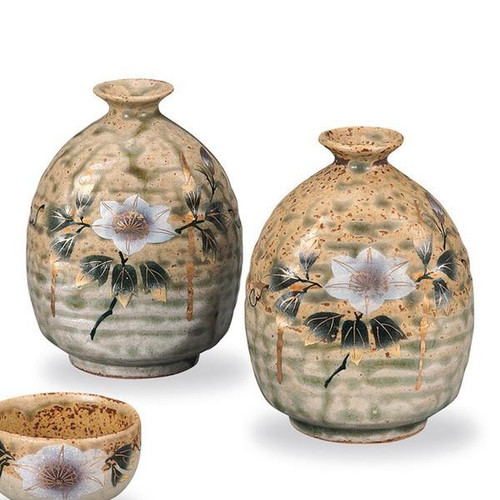 Kutani ware Japanese Sake bottle and cup setTessen clematis design Japan