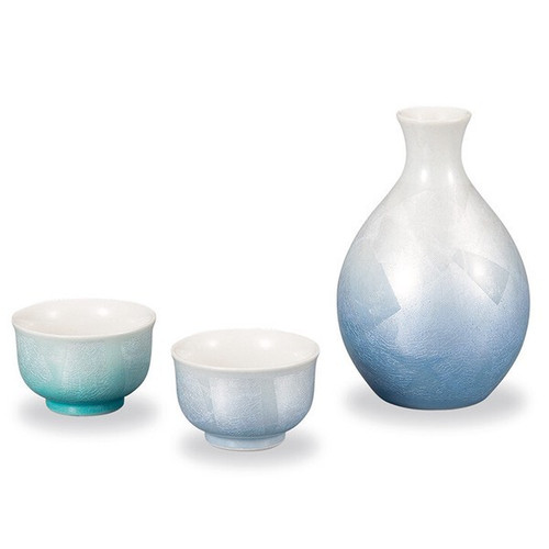 Kutani ware Japanese Sake bottle and cup setGinsai Silver foin Japan