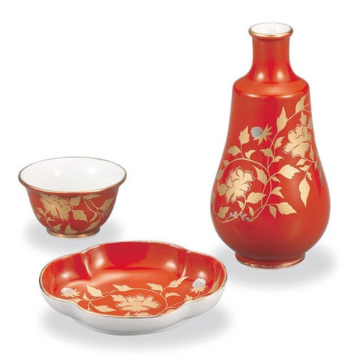 Gold-Decorated Kutani ware Kinran-de Enjoy Japanese Sake set cup,pot.plate Red