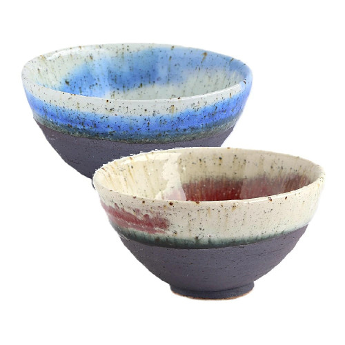 Pair Shigaraki ware Japanese Rice bowl Gohan Chawan Uzura Blue Red glaze Japan