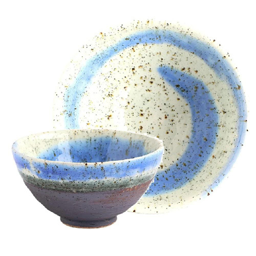 Pair Shigaraki ware Japanese Rice bowl Gohan Chawan Uzura Blue Red glaze Japan